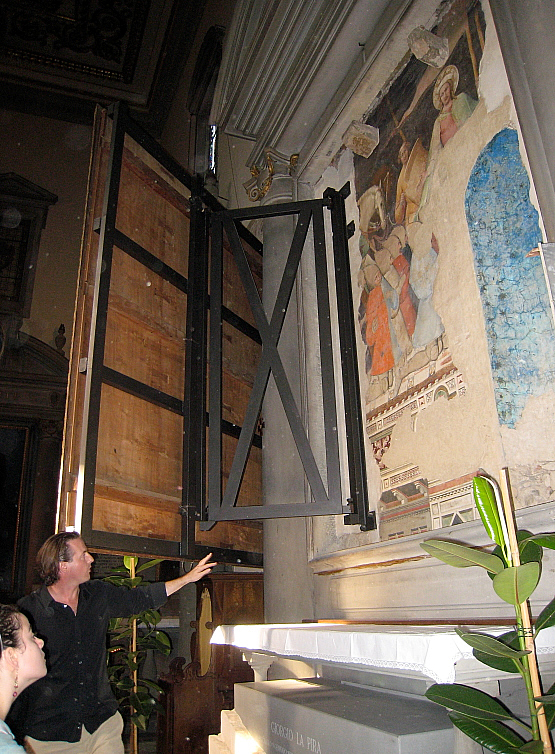 Mac Manus revealing hidden 13th Century frescos depicting the 1st Crusades to Jerusalem in the Basilica di San Marco, Florence. 